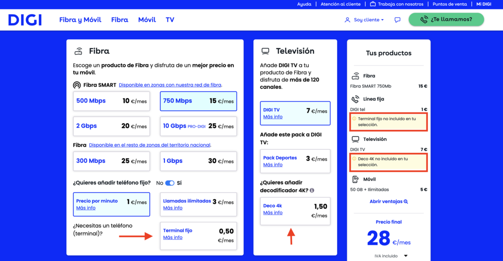 Interfaz de contratación de DIGI con opciones de fibra, televisión y alquiler de decodificador 4K.