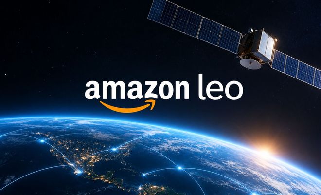 Satélite en órbita terrestre baja con el logotipo de amazon leo sobre el planeta Tierra