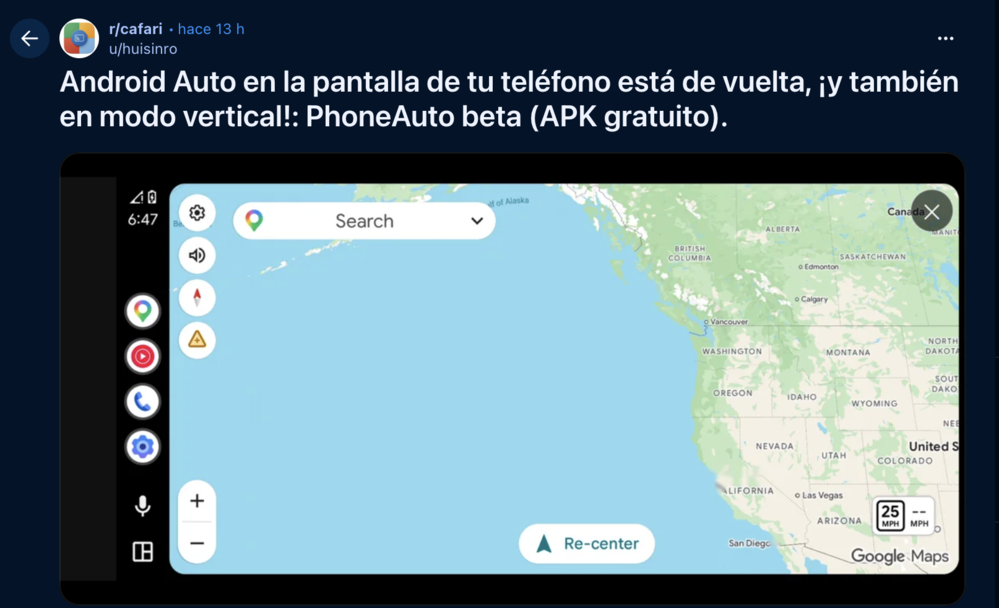 Interfaz de PhoneAuto beta mostrando Google Maps en modo horizontal sobre un fondo de publicación en redes sociales.
