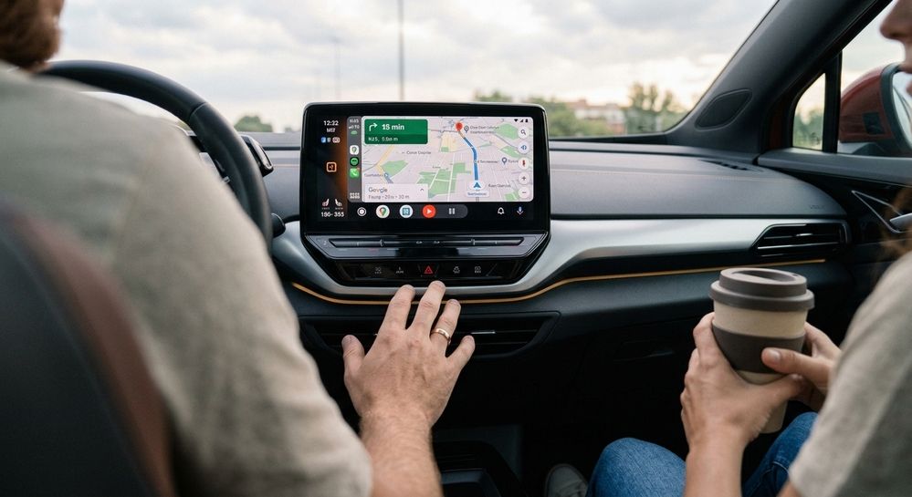 Pantalla central de un coche mostrando la interfaz de Android Auto con navegación GPS activa y controles táctiles.