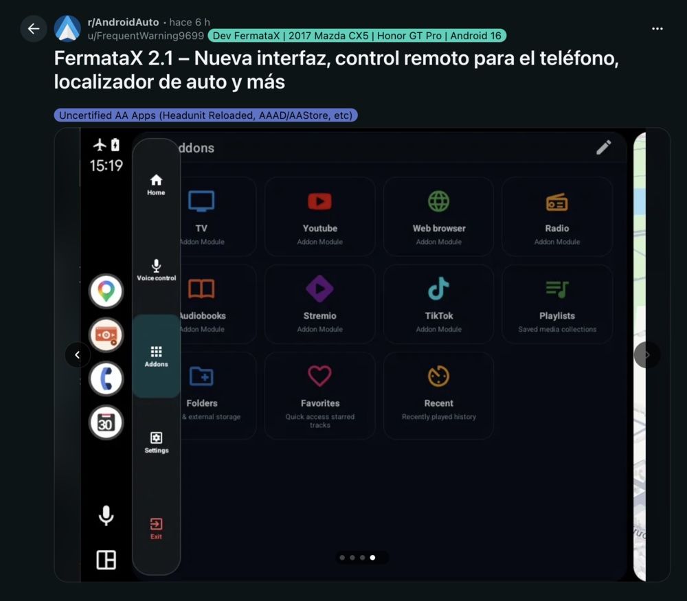 Interfaz de la aplicación FermataX 2.1 mostrada en una pantalla de Android Auto con iconos de acceso a YouTube, navegador web y radio.