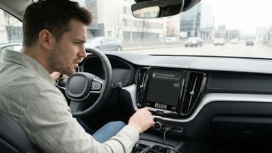 Conductor mirando con confusión la pantalla central de un coche con un mensaje de error o desconexión