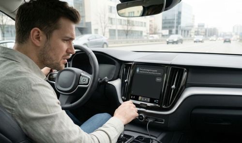 Conductor mirando con confusión la pantalla central de un coche con un mensaje de error o desconexión