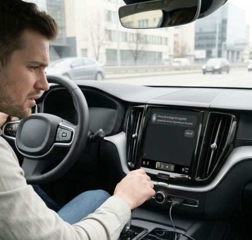 Conductor mirando con confusión la pantalla central de un coche con un mensaje de error o desconexión
