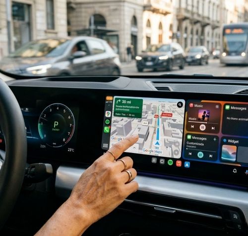 Interfaz de Android Auto en la pantalla táctil de un coche BMW circulando por ciudad.