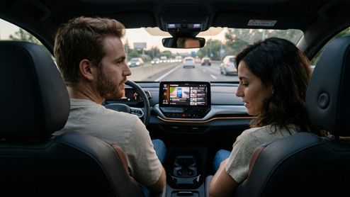 Interior de un vehículo donde se aprecia el salpicadero con la interfaz de Android Auto activa en la pantalla central.