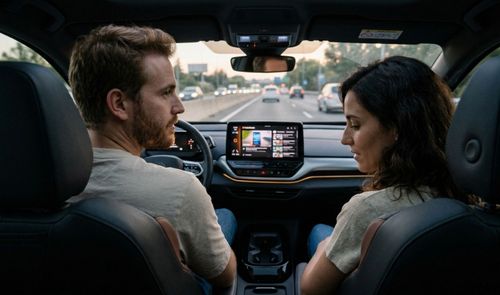 Interior de un vehículo donde se aprecia el salpicadero con la interfaz de Android Auto activa en la pantalla central.