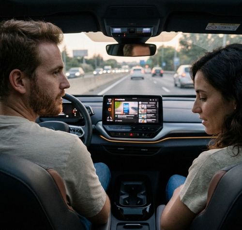 Interior de un vehículo donde se aprecia el salpicadero con la interfaz de Android Auto activa en la pantalla central.