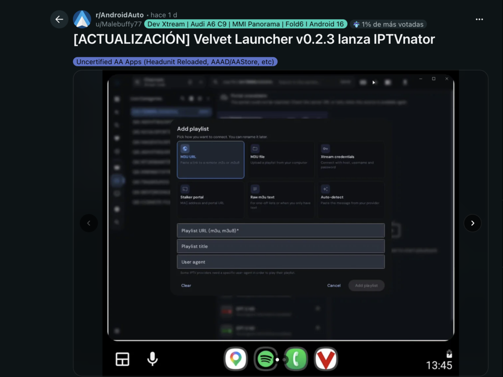 Interfaz de Velvet Launcher v0.2.3 ejecutando IPTVnator en la pantalla de un vehículo con Android Auto.