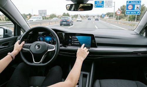 Conductor interactuando con la pantalla central de un coche que circula por autopista.