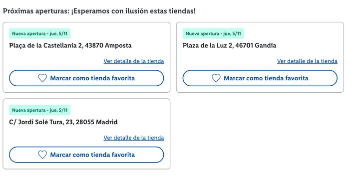 Listado de próximas aperturas de tiendas LIDL en Amposta, Gandía y Madrid con fechas y direcciones.
