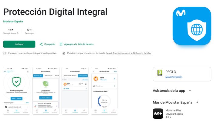Interfaz de la aplicación Protección Digital Integral de Movistar España en una tienda de aplicaciones móvil.