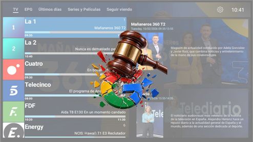 Interfaz de la aplicación TDT Spain superpuesta con un martillo judicial golpeando el logotipo de Google.
