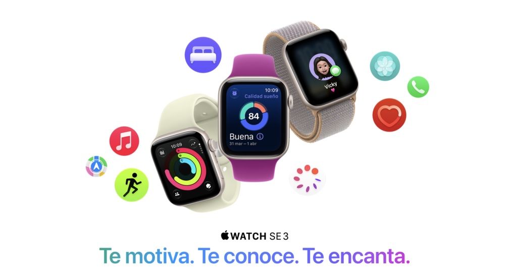 Tres unidades de Apple Watch SE 3 con diferentes correas y pantallas que muestran funciones de salud y actividad.