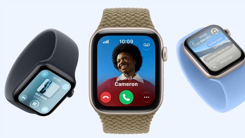 Tres unidades de Apple Watch SE 3 mostrando funciones de reproducción musical, llamada entrante y mensajería con diferentes correas.