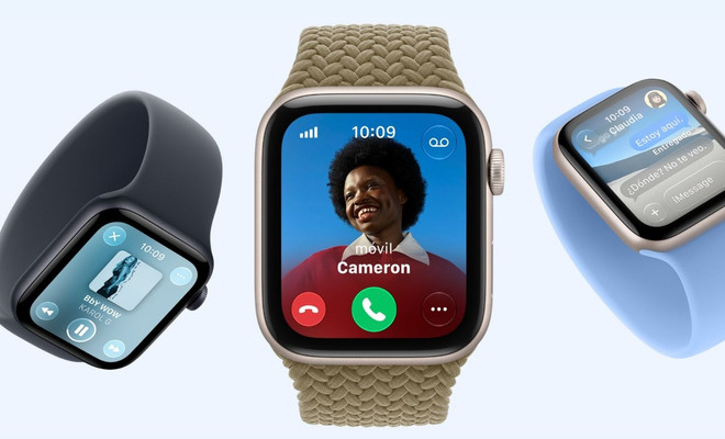 Tres unidades de Apple Watch SE 3 mostrando funciones de reproducción musical, llamada entrante y mensajería con diferentes correas.
