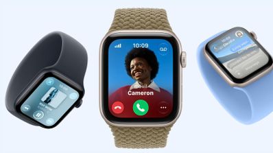 Tres unidades de Apple Watch SE 3 mostrando funciones de reproducción musical, llamada entrante y mensajería con diferentes correas.