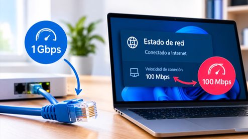 Infografía comparativa entre la capacidad de un cable ethernet de 1 Gbps y la limitación a 100 Mbps en la configuración de red de Windows.