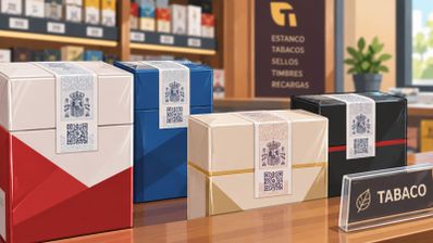 Varias cajetillas de tabaco con precinto fiscal y códigos QR sobre el mostrador de un estanco.