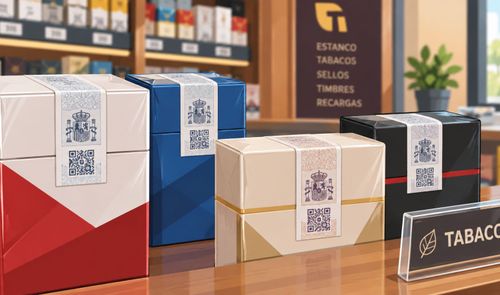 Varias cajetillas de tabaco con precinto fiscal y códigos QR sobre el mostrador de un estanco.