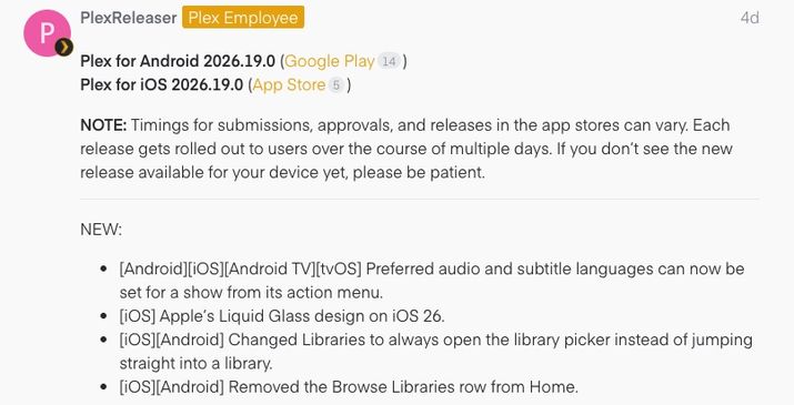 Listado de cambios oficiales para Plex en su versión 2026.19.0 detallando novedades en Android e iOS.