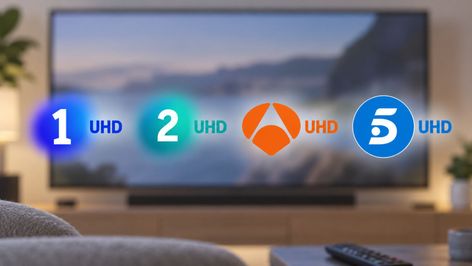 Logotipos de La 1, La 2, Antena 3 y Telecinco con el indicativo UHD sobre un televisor en un salón.