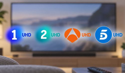 Logotipos de La 1, La 2, Antena 3 y Telecinco con el indicativo UHD sobre un televisor en un salón.