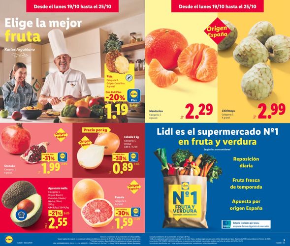 Cuadrícula informativa de un catálogo de Lidl con ofertas en frutas y verduras de temporada.