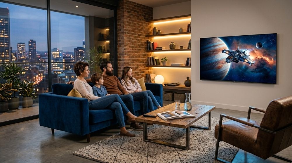 Familia sentada en un sofá azul viendo una película de ciencia ficción en un televisor 4K de gran formato en un salón moderno.