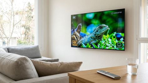 Televisor colgado en la pared de un salón mostrando un documental de naturaleza con resolución 4K.