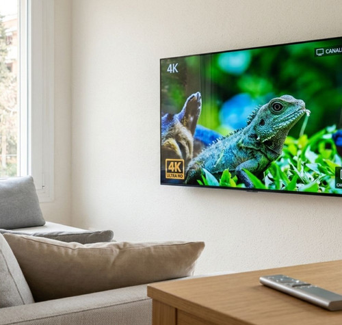Televisor colgado en la pared de un salón mostrando un documental de naturaleza con resolución 4K.