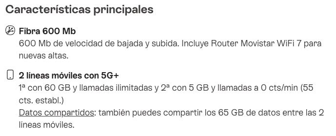 Listado de características de una tarifa de Movistar que incluye fibra de 600 Mb con Router WiFi 7 y dos líneas móviles 5G+