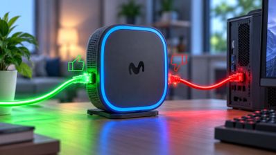 Router de Movistar conectado por cable Ethernet a un ordenador con señales visuales de conexión correcta y errónea.