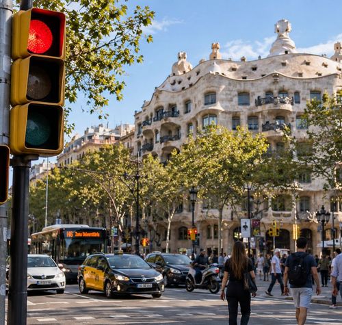 Semáforo en rojo para peatones y vehículos en el Paseo de Gracia con la Casa Milá al fondo.