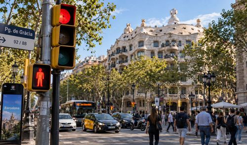 Semáforo en rojo para peatones y vehículos en el Paseo de Gracia con la Casa Milá al fondo.
