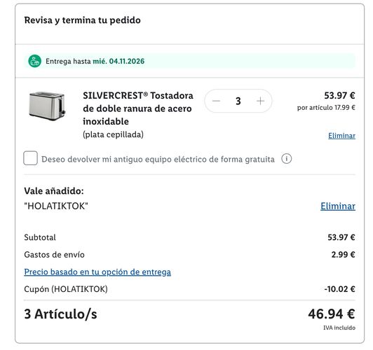 Resumen de compra en Lidl con el cupón HOLATIKTOK aplicado al carrito para una tostadora SilverCrest.