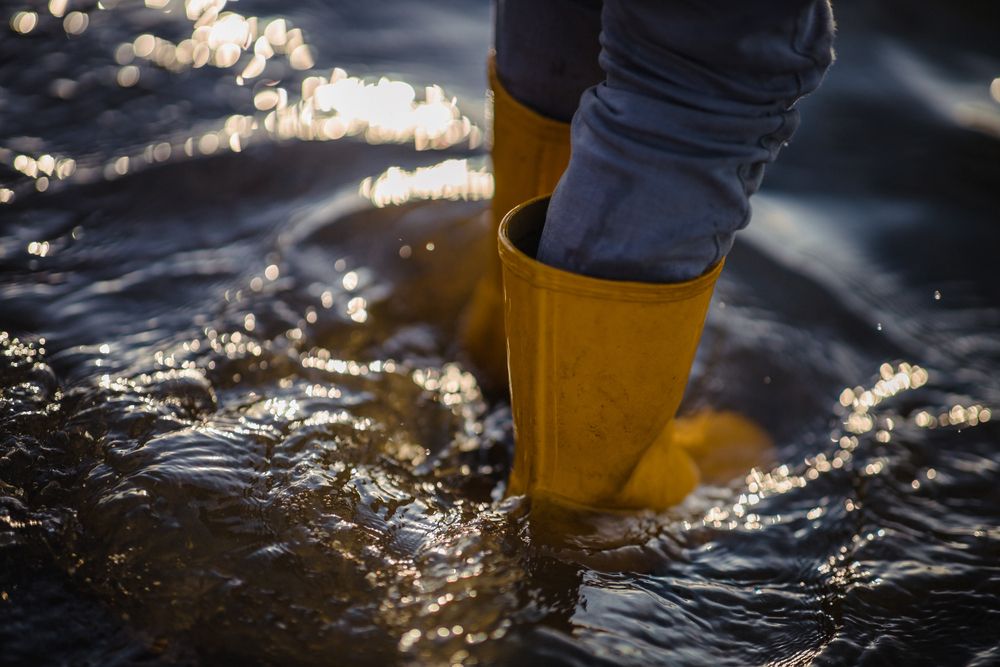 Persona con botas de agua amarillas caminando sobre una superficie inundada.