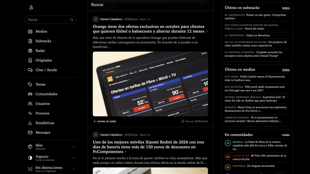 Interfaz de la plataforma Deltha con modo oscuro activado y muro de noticias sobre tecnología.
