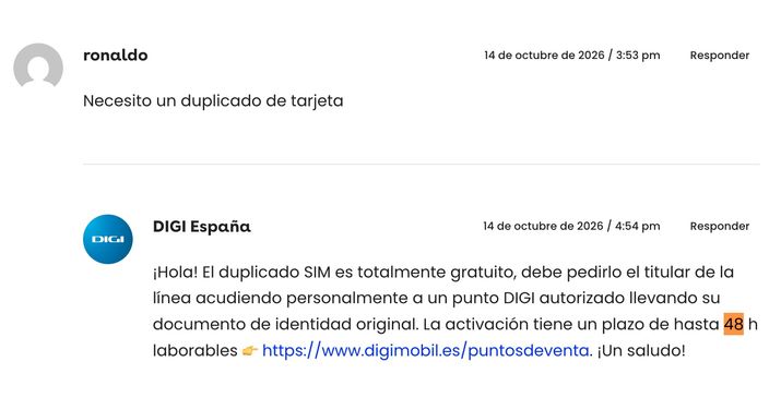 Captura de pantalla de un comentario en la web de DIGI España detallando las condiciones del duplicado de tarjeta SIM.