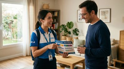 Comercial de DIGI explicando las condiciones de las tarifas de fibra y móvil a un cliente en su domicilio.