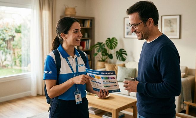 Comercial de DIGI explicando las condiciones de las tarifas de fibra y móvil a un cliente en su domicilio.