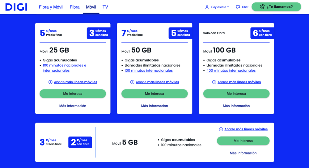 Tarifas móviles de DIGI con opciones de 5 GB, 25 GB, 50 GB y 100 GB.