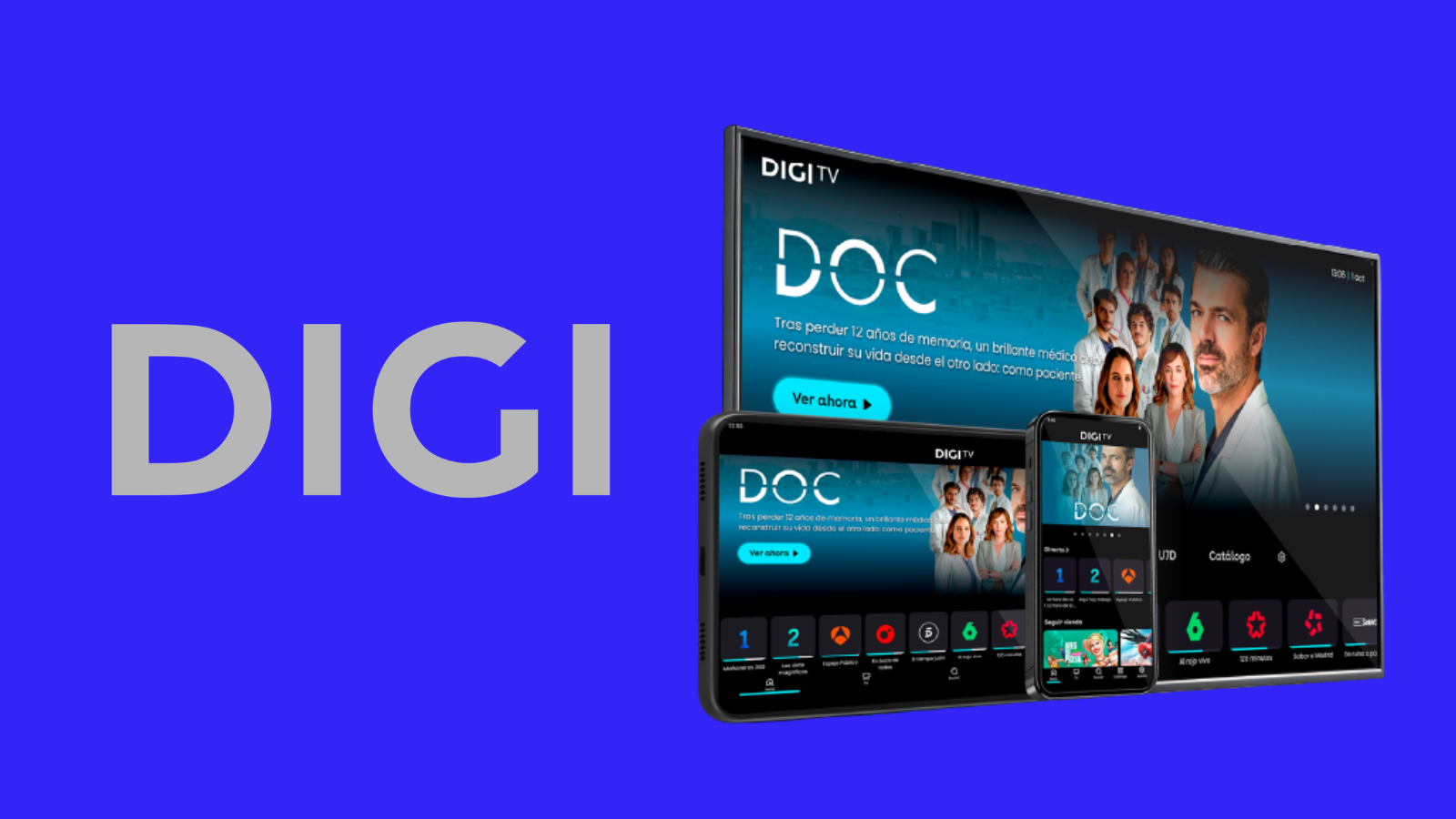 Interfaz de la aplicación DIGI TV en televisión, tableta y teléfono móvil sobre fondo azul.