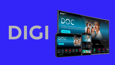 Interfaz de la aplicación DIGI TV en televisión, tableta y teléfono móvil sobre fondo azul.