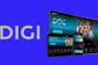 Interfaz de la aplicación DIGI TV en televisión, tableta y teléfono móvil sobre fondo azul.