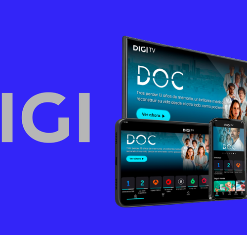 Interfaz de la aplicación DIGI TV en televisión, tableta y teléfono móvil sobre fondo azul.