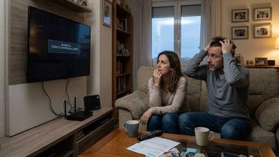 Pareja en un salón frente a un televisor que muestra un mensaje de error de conexión junto a un router DIGI.