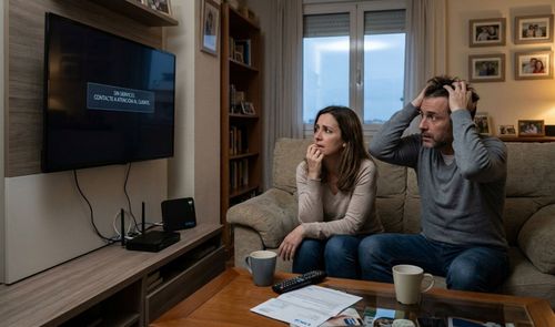 Pareja en un salón frente a un televisor que muestra un mensaje de error de conexión junto a un router DIGI.