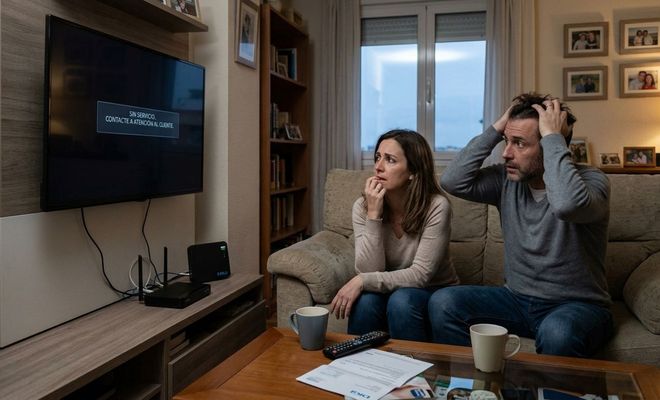 Pareja en un salón frente a un televisor que muestra un mensaje de error de conexión junto a un router DIGI.