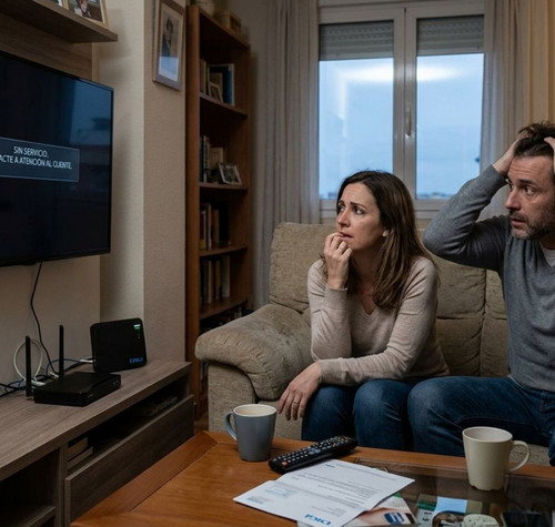 Pareja en un salón frente a un televisor que muestra un mensaje de error de conexión junto a un router DIGI.